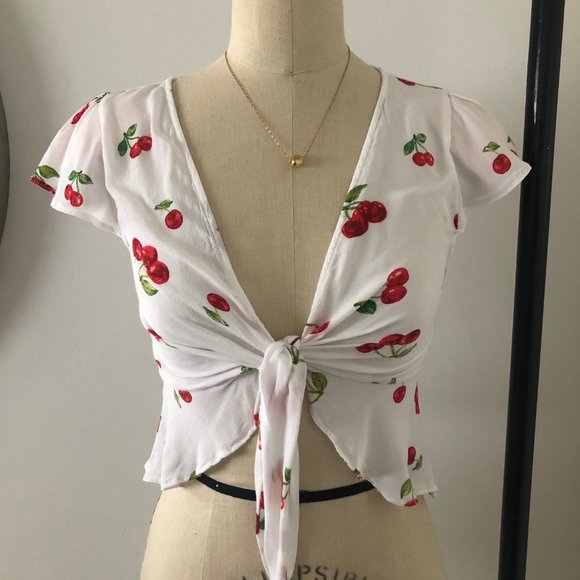 Cherry Print Ruffled Wrap Top - S - Picture 1 of 6